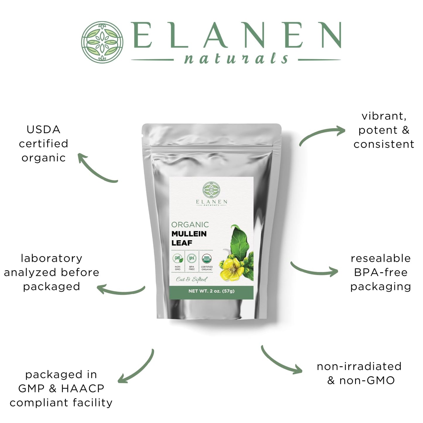 ELANEN naturals Organic Mullein Leaf Tea, Cut & Sifted, 2 oz (57g), USDA Certified Organic