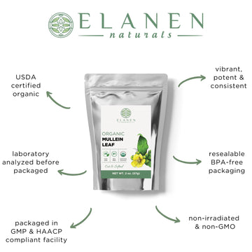ELANEN naturals Organic Mullein Leaf Tea, Cut & Sifted, 2 oz (57g), USDA Certified Organic