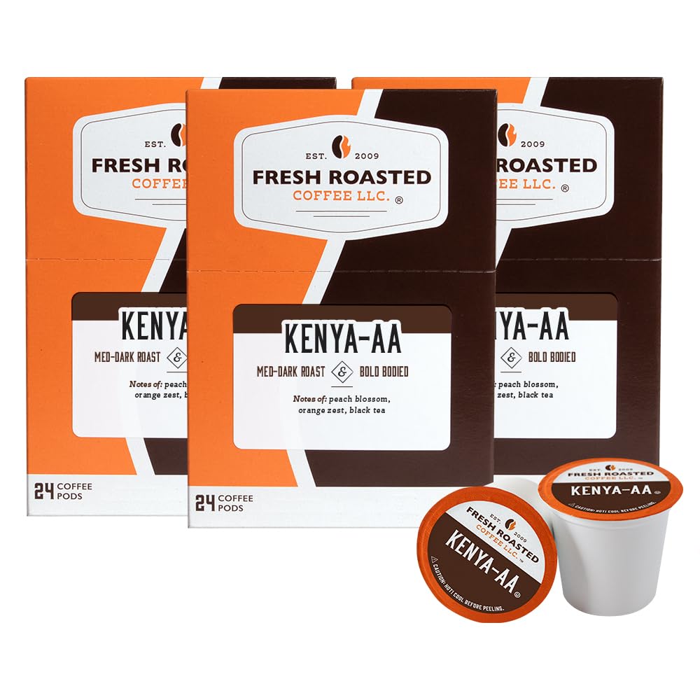 Fresh Roasted Coffee Kenya AA Med-Dark Roast 72 Pods for K Cup Brewers 24 Count (Pack of 3)