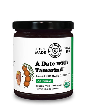 Organic Tamarind Date Chutney Condiment (Indian Preserve) - A Date With Tamarind, Non-Gmo, No Sugar Added, Sweet And Sour/Tart Flavor, Glass Jar