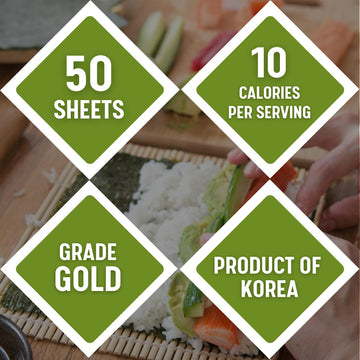Premium Sushi Nori, GOLD GRADE, Crispy Roasted Seaweed (50 Full Sheets), All Natural, Vegan, Rolls, Sushi, Onigiri, Korean Gimba