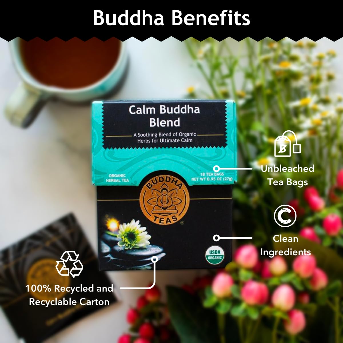 Buddha Teas Calm Buddha Blend Organic Herbal Tea - Caffeine Free - 18 Bleach-Free Tea Bags - Non-GMO & OU Kosher