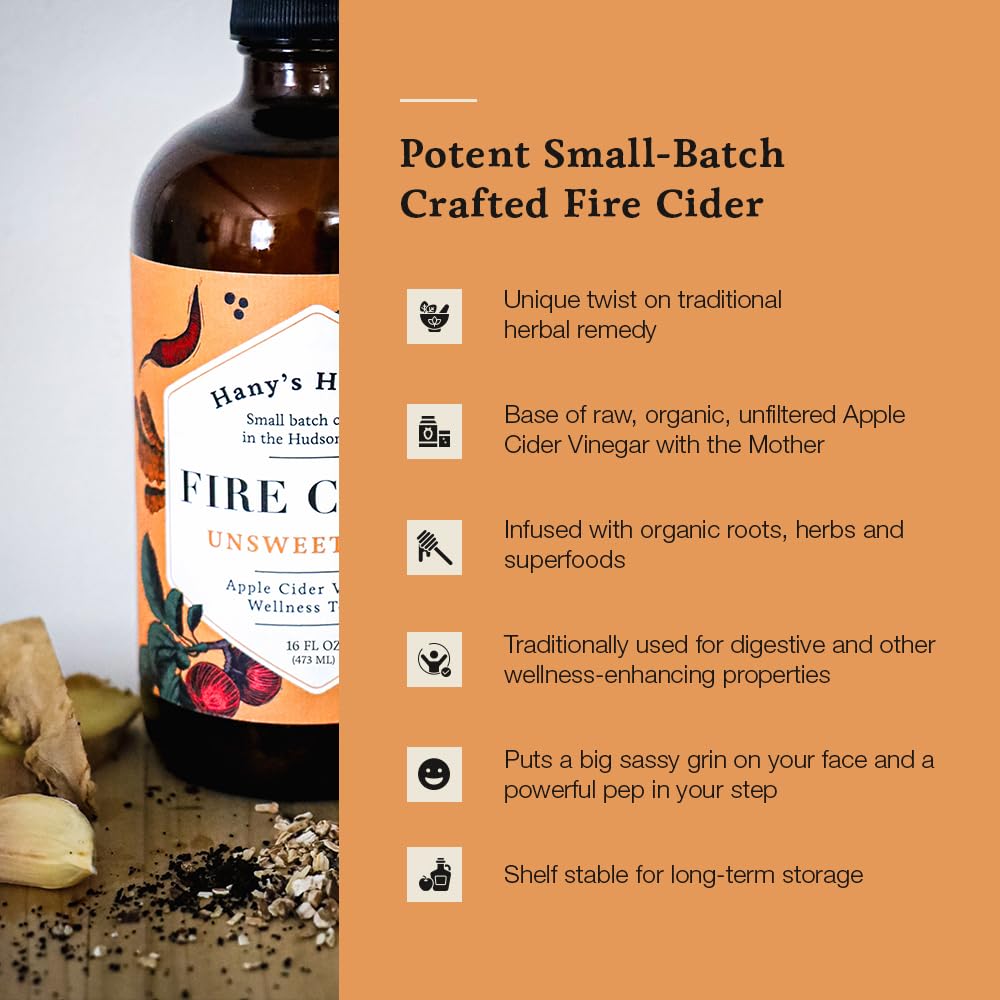 Hanys Harvest Fire Cider Tonic, Unsweetened, 32 Fl Oz, All Natural, Gluten-Free, Recyclable Bottle