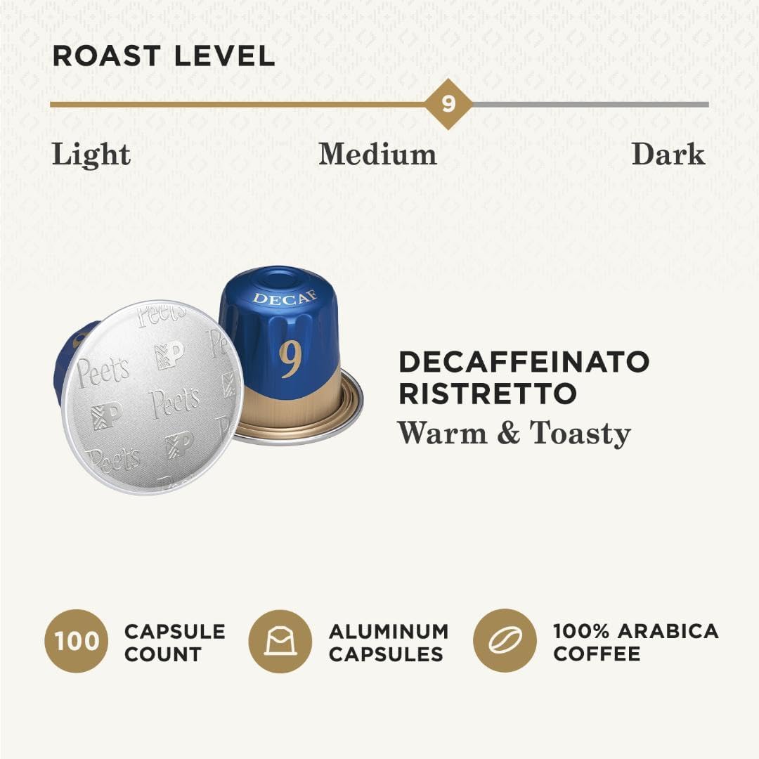 Peets Coffee Medium Roast Decaf Espresso compact pieces Compatible with Nespresso - 100 Count (10 Boxes of 10 compact pieces)
