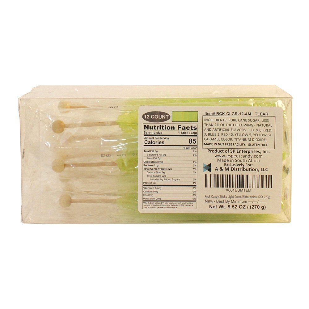 Espeez Rock Candy Sticks - Extra Large Watermelon Lollipop - 12 Count - Individually Wrapped - Light Green