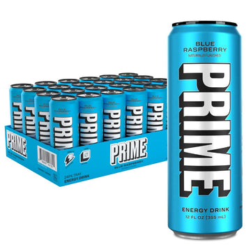 PRIME HYDRATION Energy Drink, Blue Raspberry, 200mg Caffeine, 355mg Electrolytes, Vegan, Gluten Free, 12 Fl Oz, 24 Pack