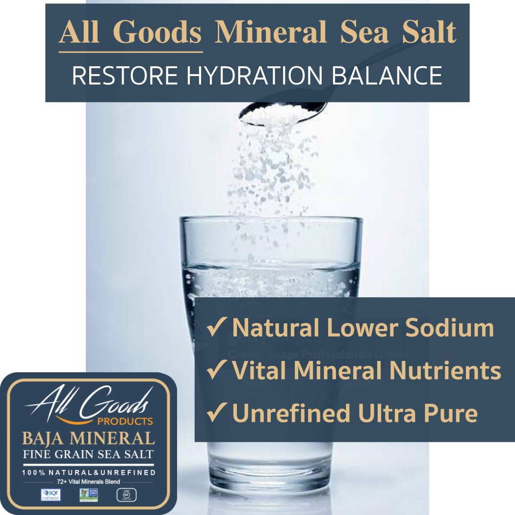 All Goods Sea Salt Fine Grain, 16 oz, 100% Natural, Unrefined, Kosher, 30% Less Sodium, White