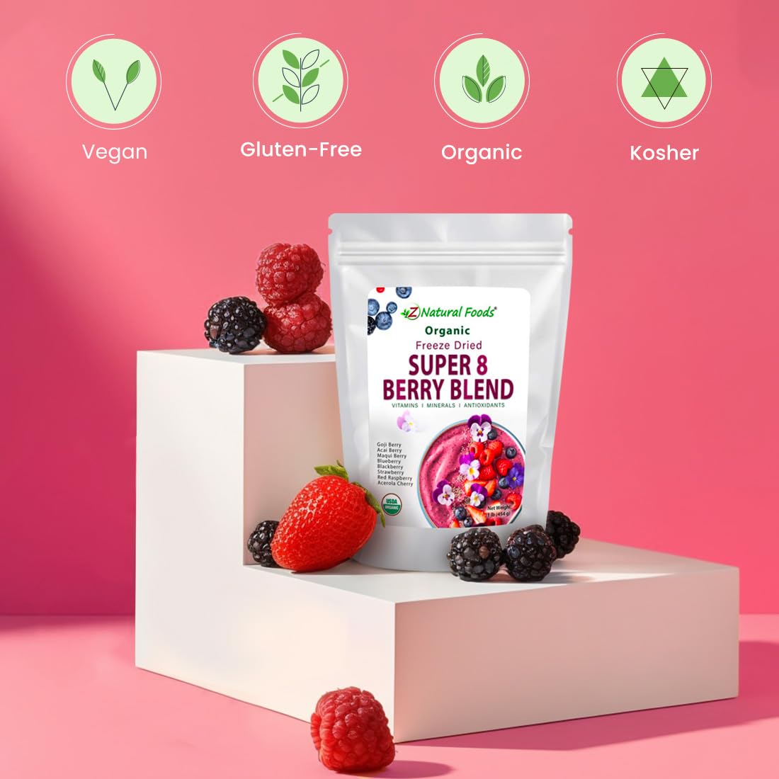 Z Natural Foods Super 8 Berry Blend - Organic Freeze Dried Berry Powder, Fruit Superfood Powder - Delicious Powdered Fruit Berry