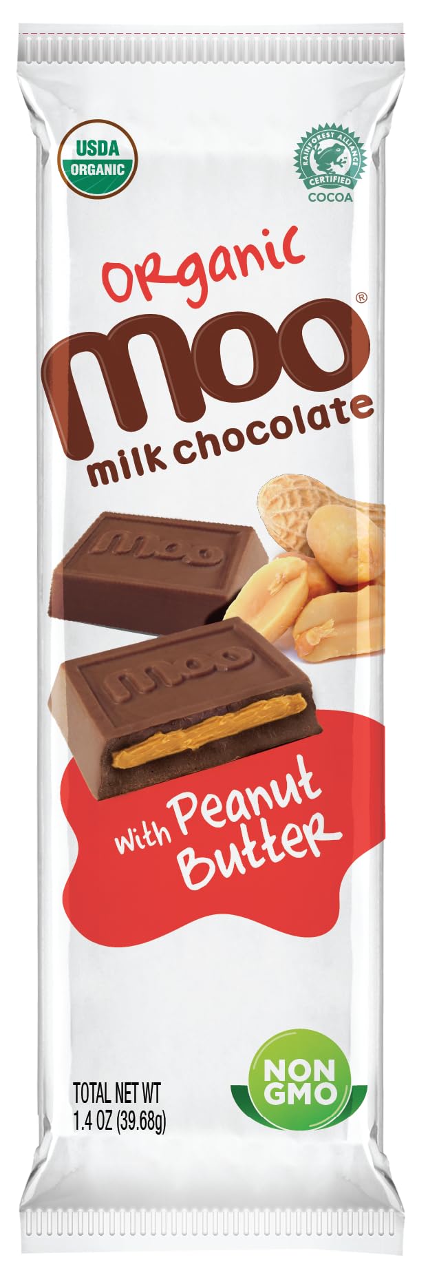 MOO CHOCOLATES Organic Milk Chocolate Bars with Peanut Butter, 14 Count, 1.4 oz - USDA Organic, Non-GMO, 110 Calorie Snacks