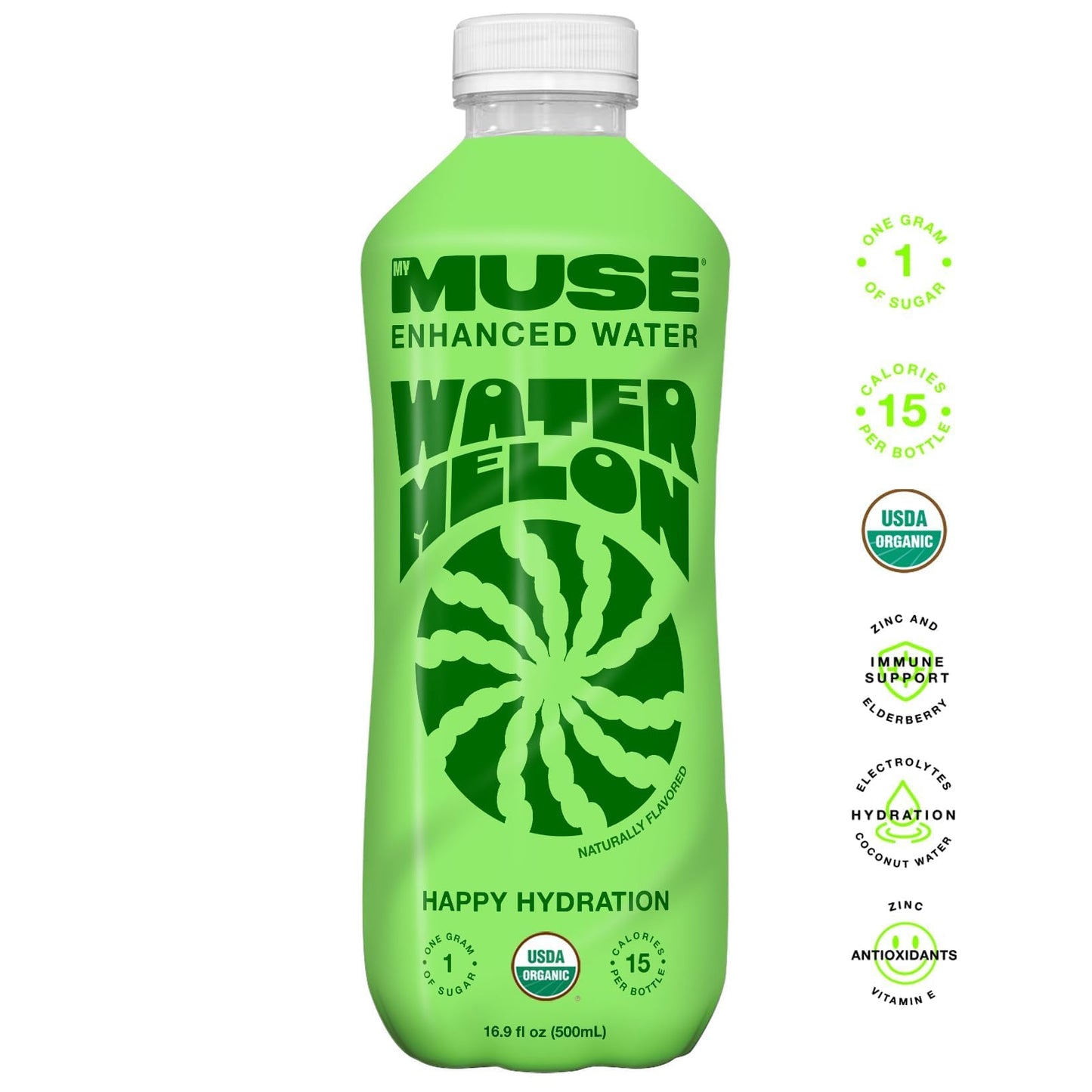 MyMuse Organic Enhanced Flavored Water, Watermelon, 16.9oz Bottle (12 pack), 1G of Sugar, Immune Support with Zinc & Elderberry,