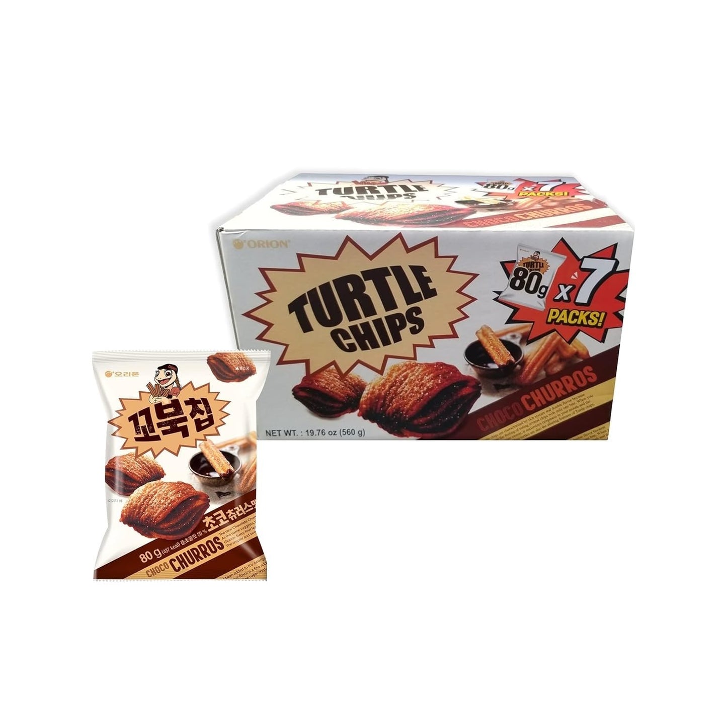 Orion Turtle Chips Choco Churros Flavor, 1 BOX with 7 Packs of 80g