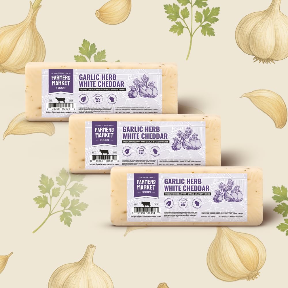 Deli Direct Garlic & Onion Cheese Block 3 Pack - 7oz Shelf Stable Wisconsin Cheese