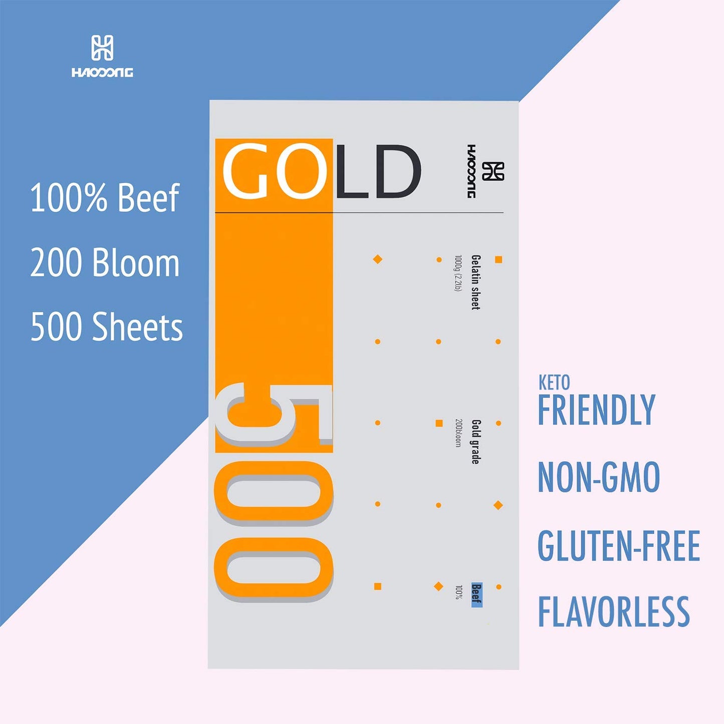 Haodong Beef Gold Leaf Gelatin Sheets - 1KG/2.2LBS (About 500Sheets) 200Bloom Gelatin Leaves for Mousse Mirror Glaze Cream Cake