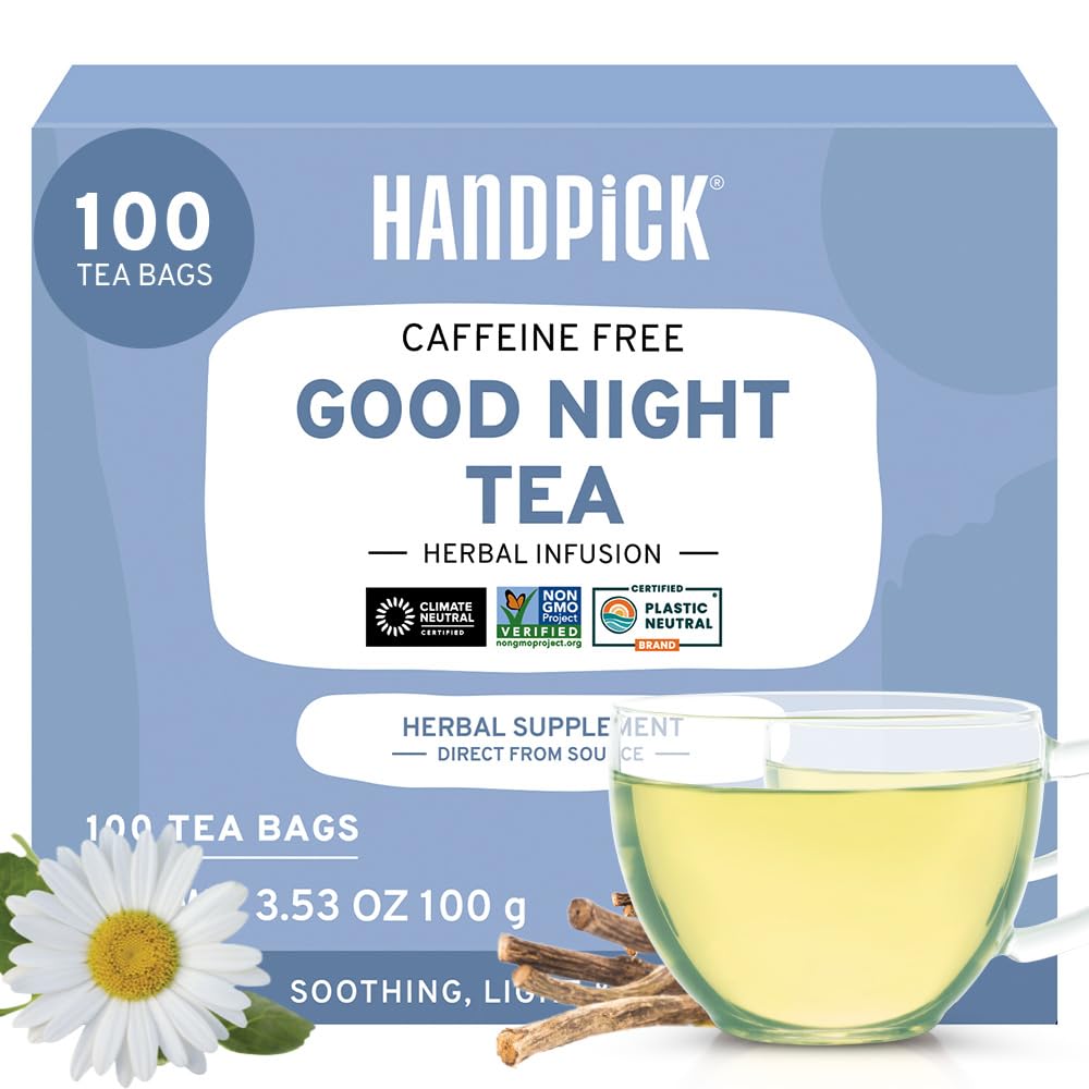 HANDPICK Good Night Tea Bags - Caffeine Free Herbal Blend, Lavender, Chamomile, Peppermint, 100 Count