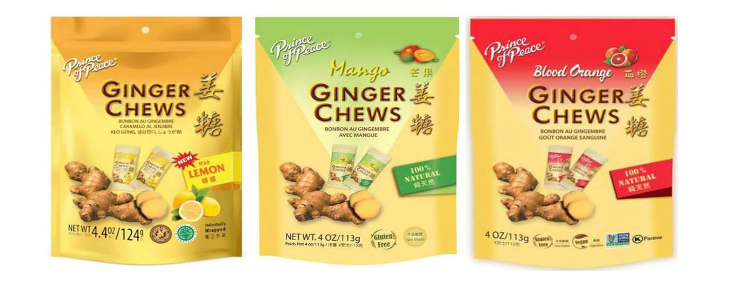 Variety Pack of Prince of Peace Ginger Chews, 4 oz each, Featuring Three Flavors: Lemon, Mango, and Blood Orange - 100% Natural,