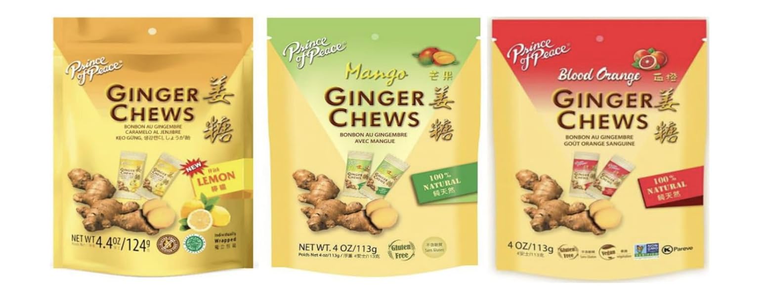 Variety Pack of Prince of Peace Ginger Chews, 4 oz each, Featuring Three Flavors: Lemon, Mango, and Blood Orange - 100% Natural,