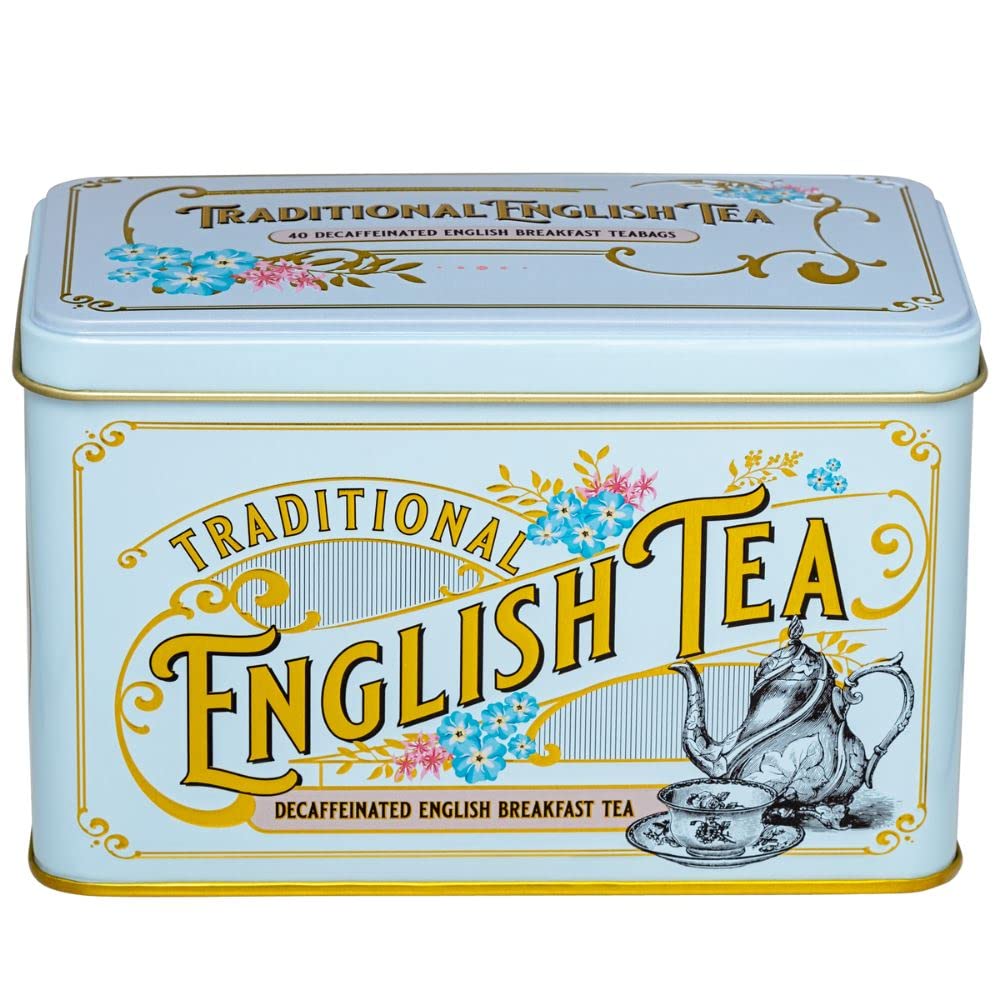 New English Teas Vintage Victorian Tea Tin with 40 Decaffeinated English Breakfast Teabags, Powder Blue, Model 54939477770626