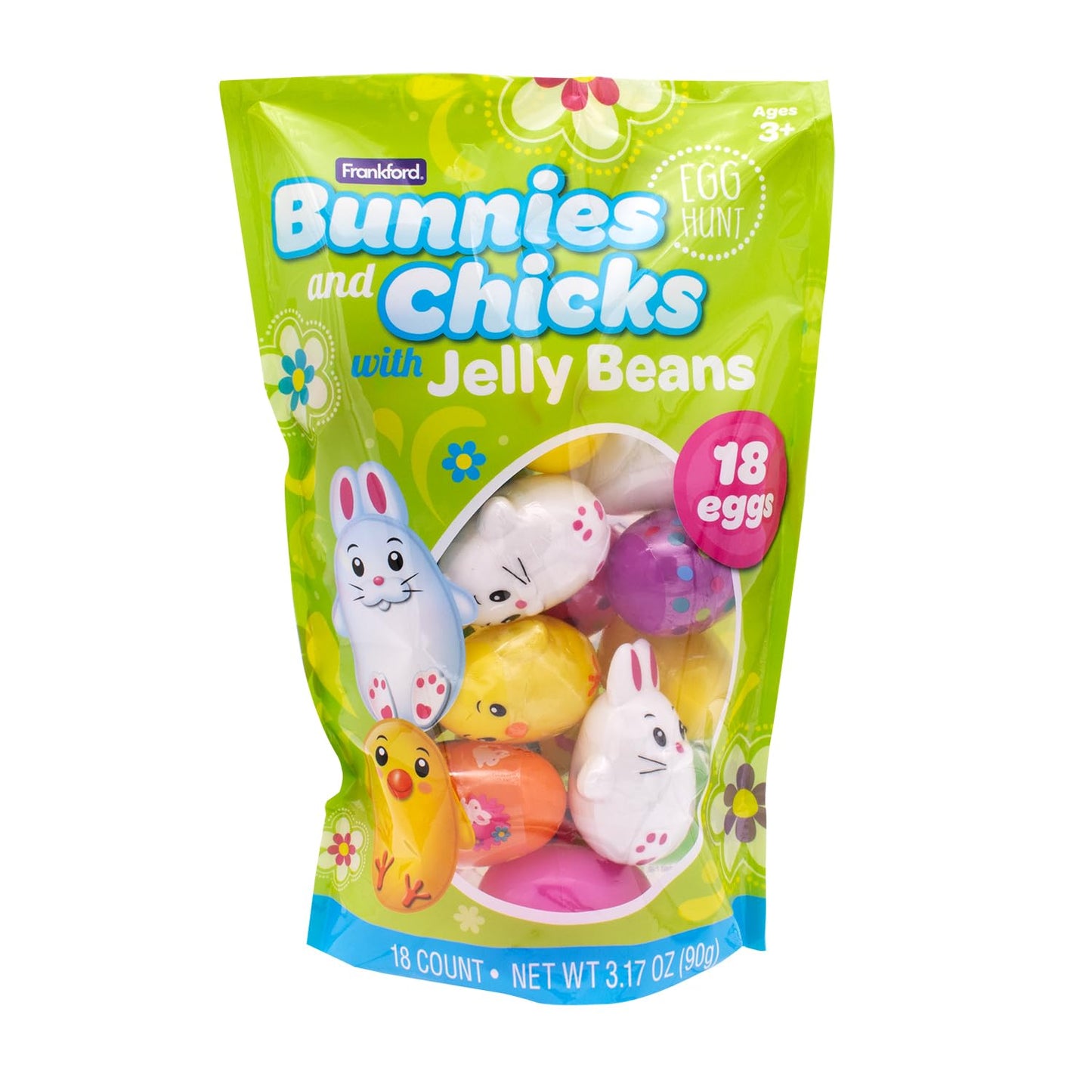 Frankford 18 Count Prefilled Plastic Eggs with Candy Jelly Beans- Assorted Bunnies, Chicks, and Patterned Eggs, Easter Basket St
