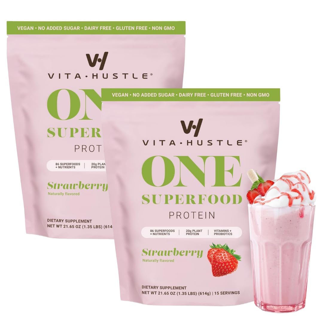 VitaHustle ONE Meal Replacement Shake - Plant Based Protein Powder, Strawberry Flavor, 10.9 Ounce (Pack of 2), Vegan, with Superfoods