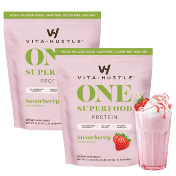 VitaHustle ONE Meal Replacement Shake - Plant Based Protein Powder, Strawberry Flavor, 10.9 Ounce (Pack of 2), Vegan, with Superfoods