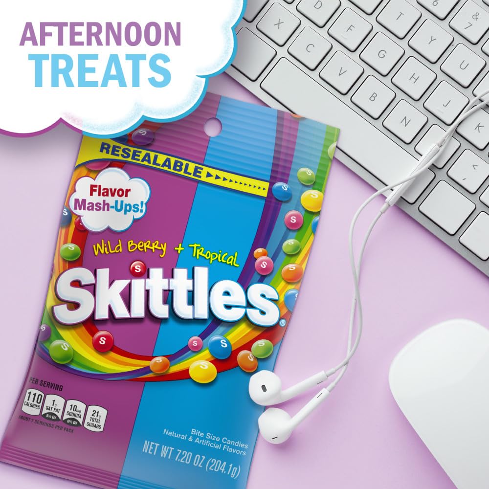 SKITTLES Tropical Flavor Mash-Ups, Wild Berry & Tropical Candy, Bagged Candy, 7.2 Ounce (12 Bags, Pack of 12)