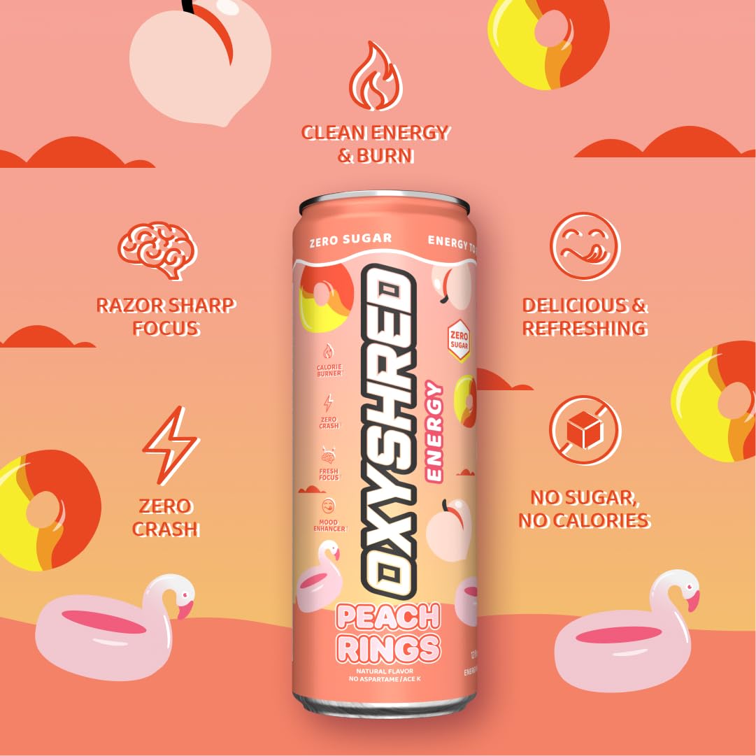 EHPlabs OxyShred Ultra Energy Drink - Zero Sugar, Zero Carbs, Natural Caffeine, Peach Candy Rings, 12 Fl Oz (Pack of 12)