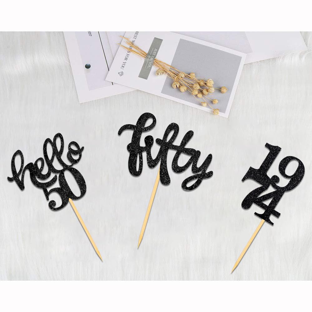 24 Pcs Black Glitter 50Th Birthday Cupcake Toppers For 50Th Birthday Celebrating Party Decorations