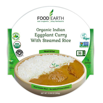 Food Earth - Eggplant Curry With Steamed Rice Meal - Ready To Eat Indian Cuisine - Organic Gluten-Free Gmo-Free - Healthy Microw