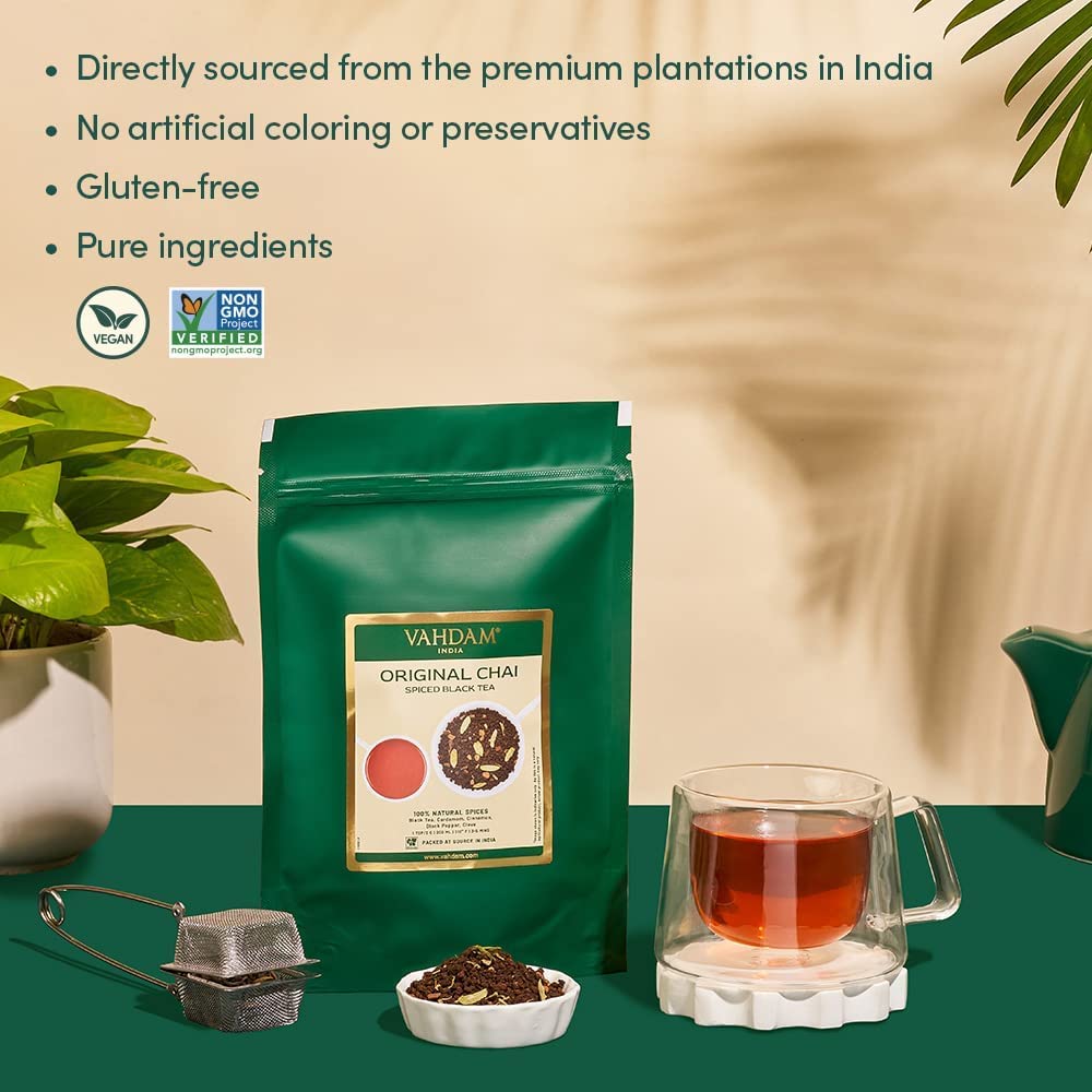 Vahdam, Indias Original Masala Chai Tea Loose Leaf (50 Cups/3.53Oz) Blend Of Black Tea, Cinnamon, Cardamom, Cloves & Black Pepper | Ancient Indian House Recipe Of Spiced Masala Tea