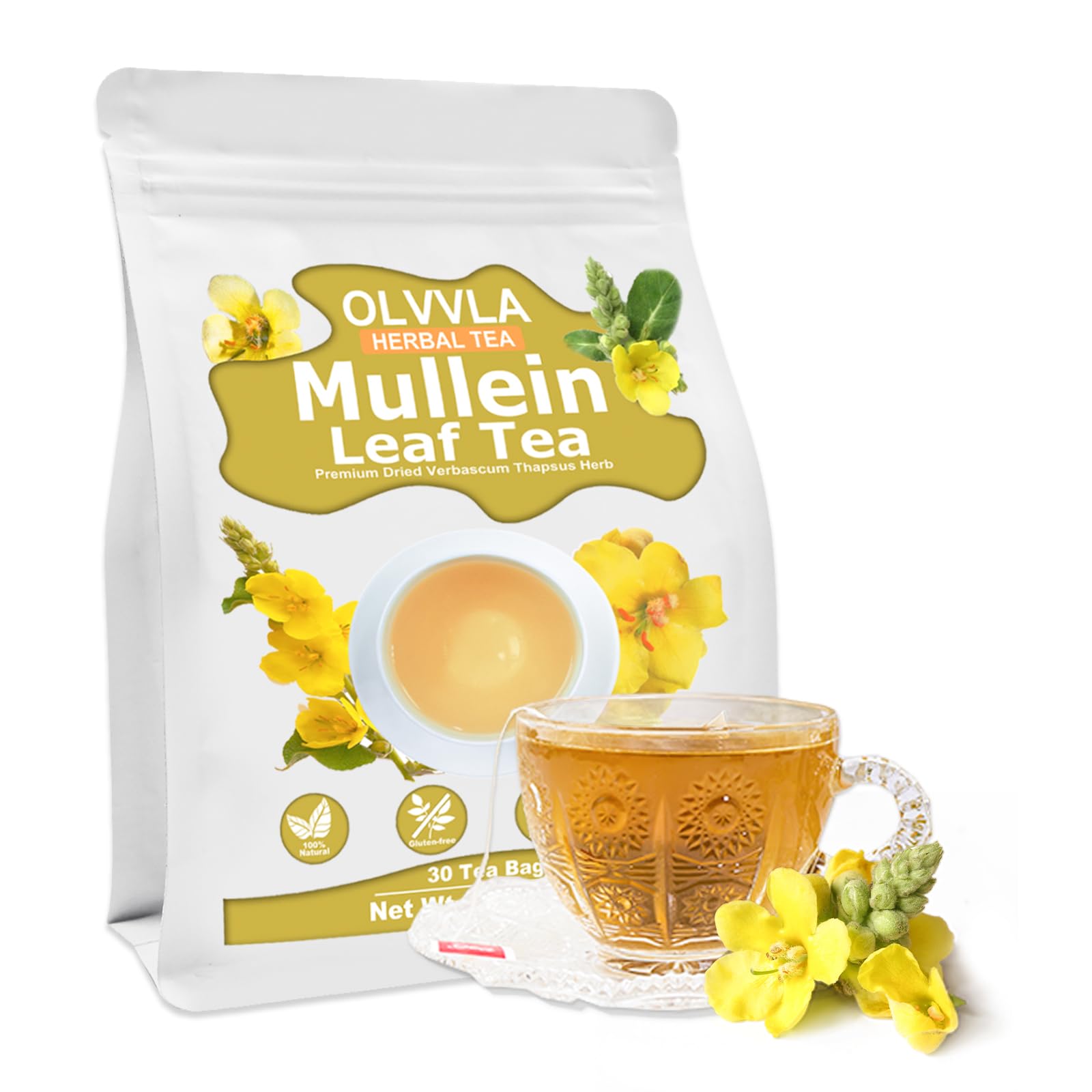 Olvvla Mullein Leaf Tea Bags - 100% Natural, Caffeine-Free, Lung Cleanse - 30 Count