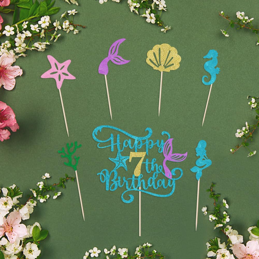 Sodasos 7Pcs Glitter Mermaid Happy Birthday Cake Topper - Mermaid Cake Topper,Under The Sea Themed, Baby Shower Birthday Party S