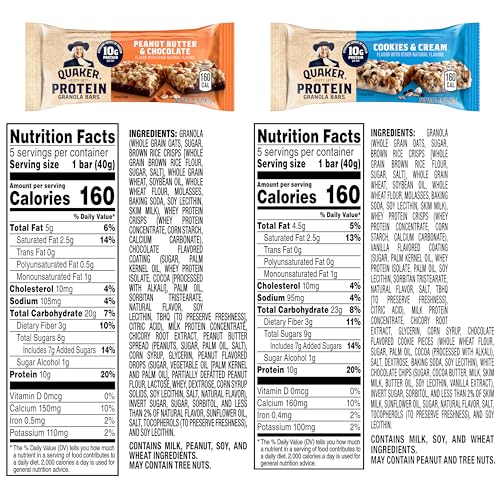 Quaker Protein Granola Bars  2 Flavor Variety Pack  10g Protein  1.41 oz Bars  20ct