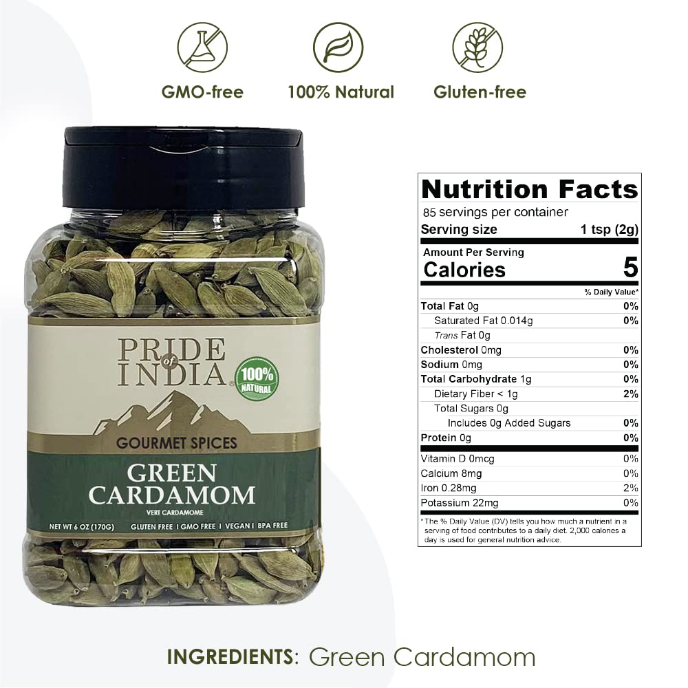 Pride Of India Green Cardamom Whole Spice - Gourmet Flavoring Agent - 6 oz - Organic Green Pods