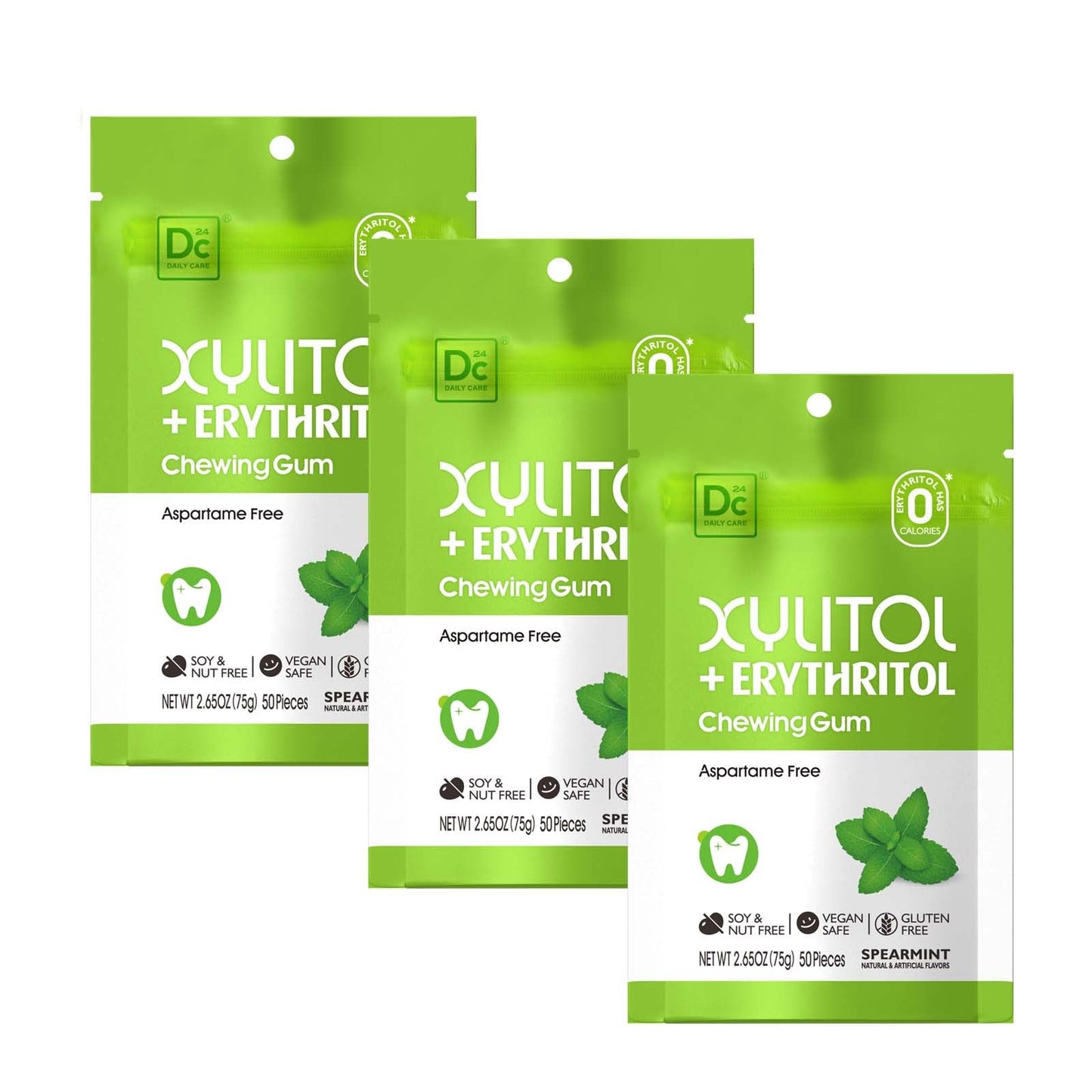 DC24 DAILY CARE Gum, Aspartame Free & Sugar Free Xylitol Chewing Gum with Erythritol, Low-Calorie, Sugarless, Spearmint, 50 Piec