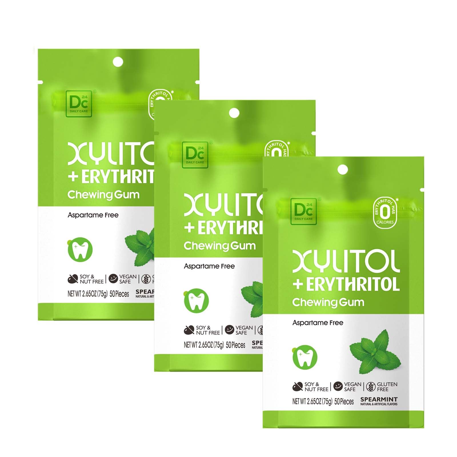 DC24 DAILY CARE Gum, Aspartame Free & Sugar Free Xylitol Chewing Gum with Erythritol, Low-Calorie, Sugarless, Spearmint, 50 Piec