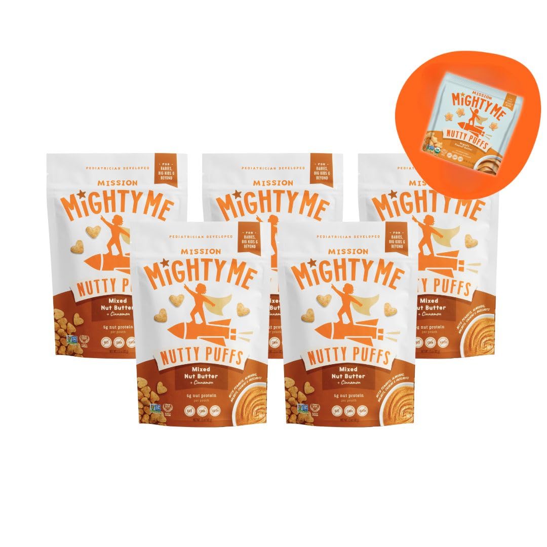 Mission Mighty Me Nutty Puffs Mixed Nut Butter Puffs for Babies + Kids - Pediatrician Developed  Plant-Based Gluten-Free Baby Snack - Peanut  Tree Nut  Cinnamon (6 Pack - 5 Pack Plus Peanut Sample)
