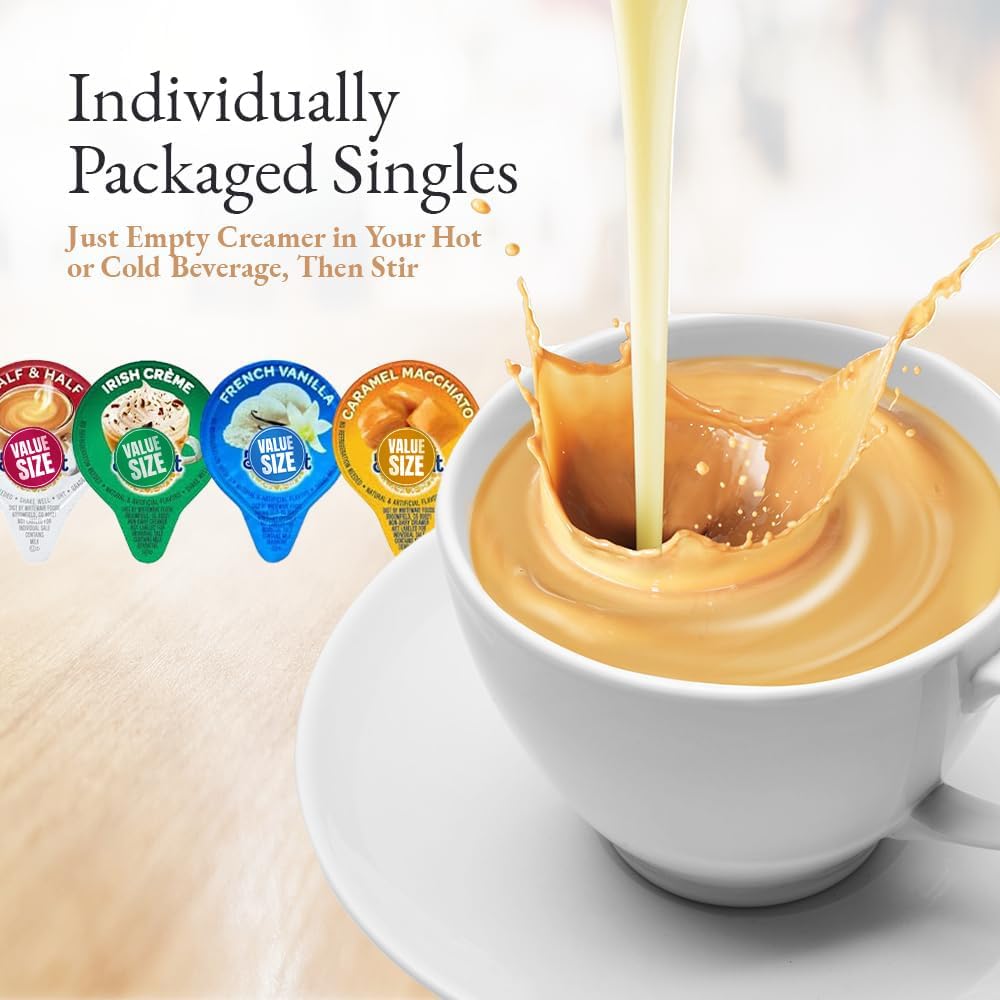 Easypack Coffee Creamer Liquid Singles Delight Caramel Macchiato, French Vanilla, Irish Cream And Lakes Mini Moo'S Half And Half