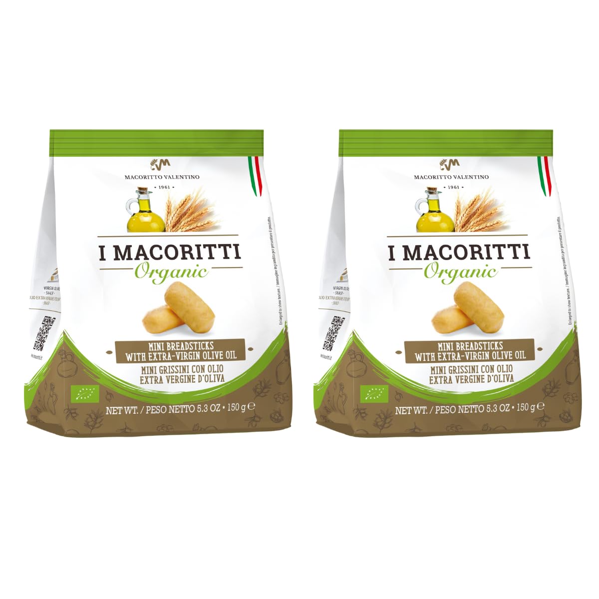 I Macoritti Organic Breadsticks with Extra Virgin Olive Oil, Zero Sugar, Non-GMO, 5.3 oz, Pack of 2