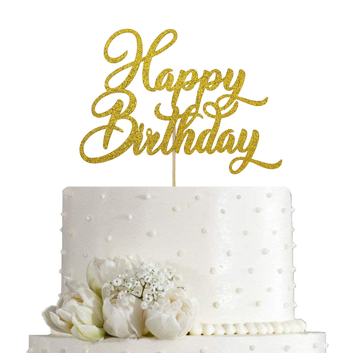 Happy Birthday Cake Topper - Birthday Party Decorations, Double Sided Gold Glitter
