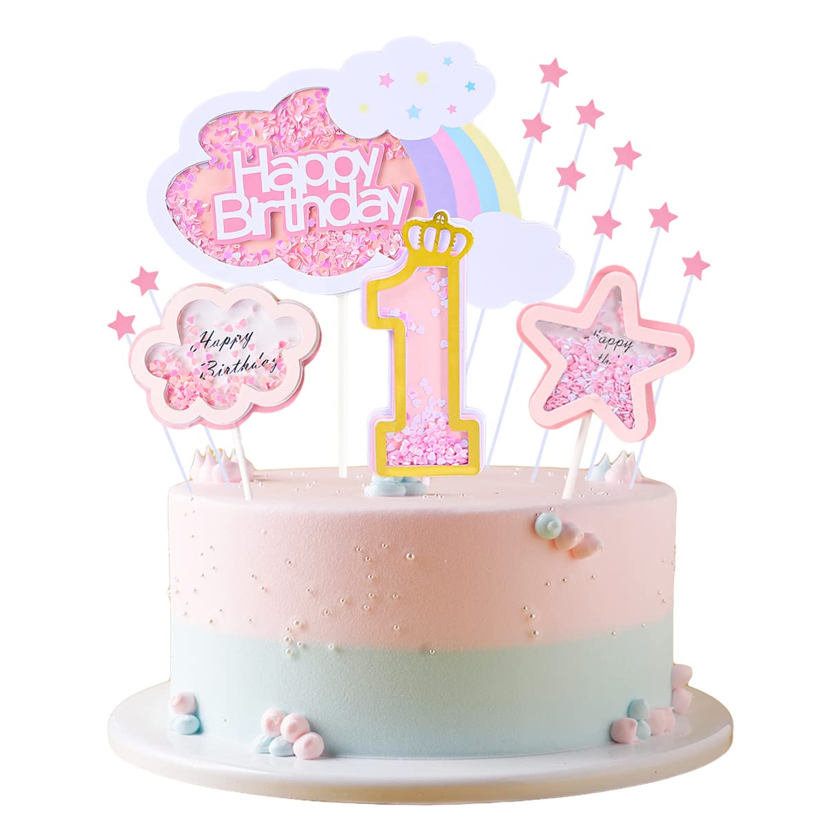 Kawailay Baby Girl 1St Birthday Cake Decoration Set First Birthday Cake Topper With Rainbow Clouds Stars Cake Picks One Year Old