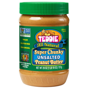 Teddie All Natural Peanut Butter, Unsalted Chunky, Gluten Free & Vegan (26 Ounce (Pack of 6))