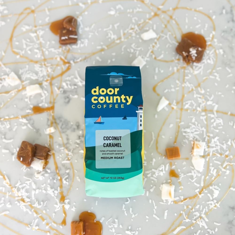 Door County Coffee Coconut Caramel Flavored Coffee Ground | 10 Oz Bag | Flavored Ground Coffee Medium Roast | 100% Specialty Arabica Coffee Ground | Flavored Gourmet Coffee | Coconut Caramel Coffee