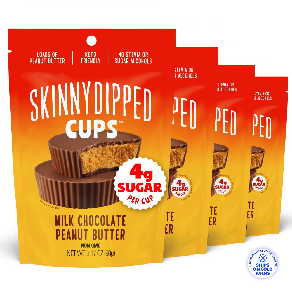 SkinnyDipped Milk Chocolate Peanut Butter Cups, 4g Sugar, Low Sugar, Low Carb, Gluten Free, 3.2oz Bag, 4 Pack (24 Cups Total)
