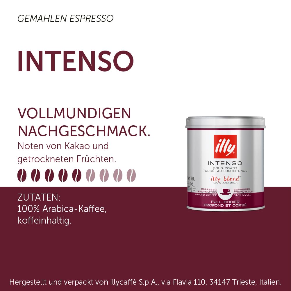 illy Ground Coffee Espresso - 100% Arabica Coffee Ground - Intenso Dark Roast - Warm Notes of Cocoa & Dried Fruit - Rich Aromati