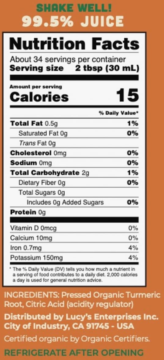Lucys Organic Non-GMO Turmeric Juice, 34 Fl Oz, Fresh Pressed in Glass Bottle