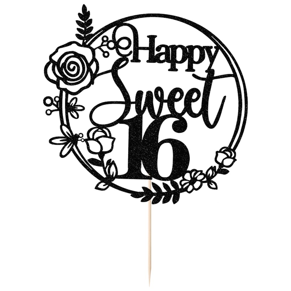 Rose Gold Glitter Happy Sweet 16 Cake Topper - Happy 16Th Birthday Cake Decor - Hello 16, Cheers To 16 Years Birthday Party Deco