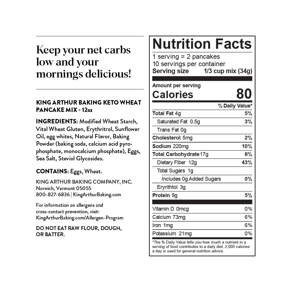 King Arthur, Keto Wheat Pancake Mix, Sourced Non-GMO, Certified Kosher, Keto Friendly, 12 Oz, Packaging May Vary (Pack of 6)