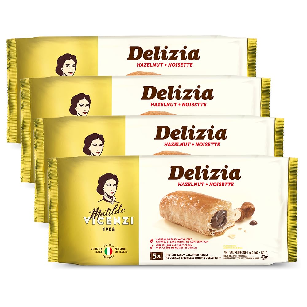 Delizia Hazelnut Cream By Pasticceria Matilde Vicenzi, Cream Filled Puff Pastry Patisserie Rolls, All-Natural, Kosher Dairy, Made In Italy - 4.41Oz (125G) Box, 4-Pack