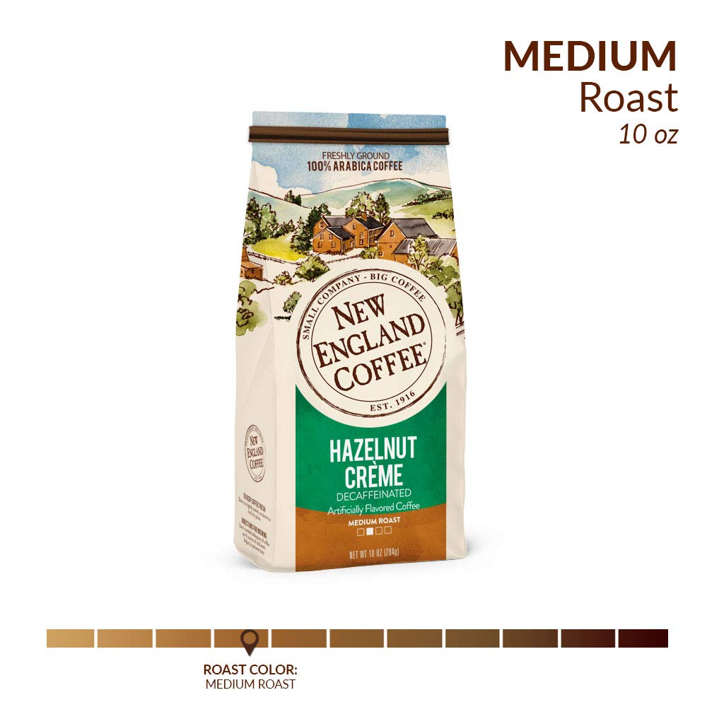 New England Coffee Hazelnut Crème Decaffeinated Medium Roast Ground Coffee, 10Oz Bag (Pack Of 1)