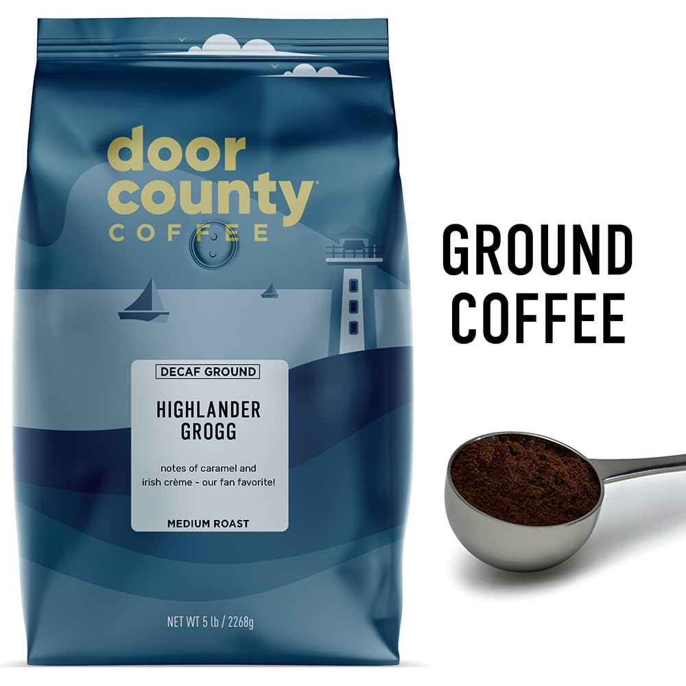 Door County Coffee Highlander Grogg DECAF Flavored Coffee Ground - 5 lb Bag - Flavored Ground Medium Roast - 100% Specialty Arab